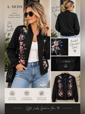 Floral Embroidered Black Bomber Jacket